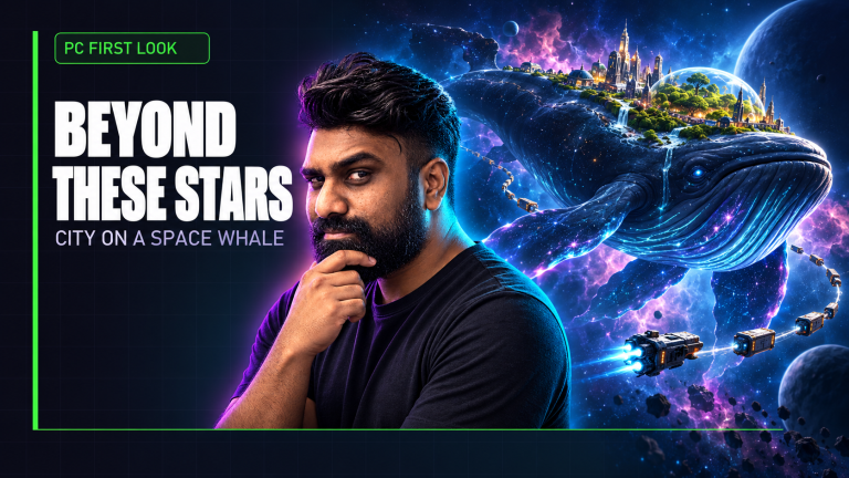 TGN host beside a space whale carrying a small city, illustrating the resource choices in Beyond These Stars.