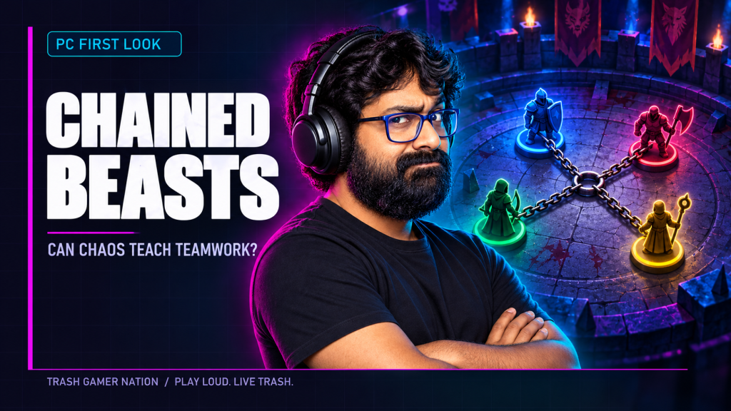 TGN host with a four-person linked arena team, illustrating the co-op positioning question in Chained Beasts.