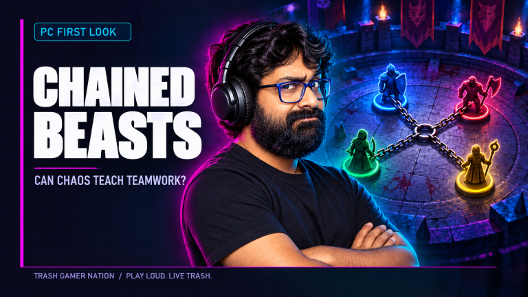 TGN host with a four-person linked arena team, illustrating the co-op positioning question in Chained Beasts.