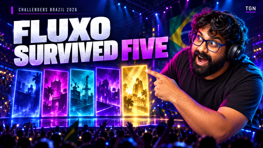 Surprised TGN host points to the fifth lit panel of Fluxo and 2GAME's close Brazil final.