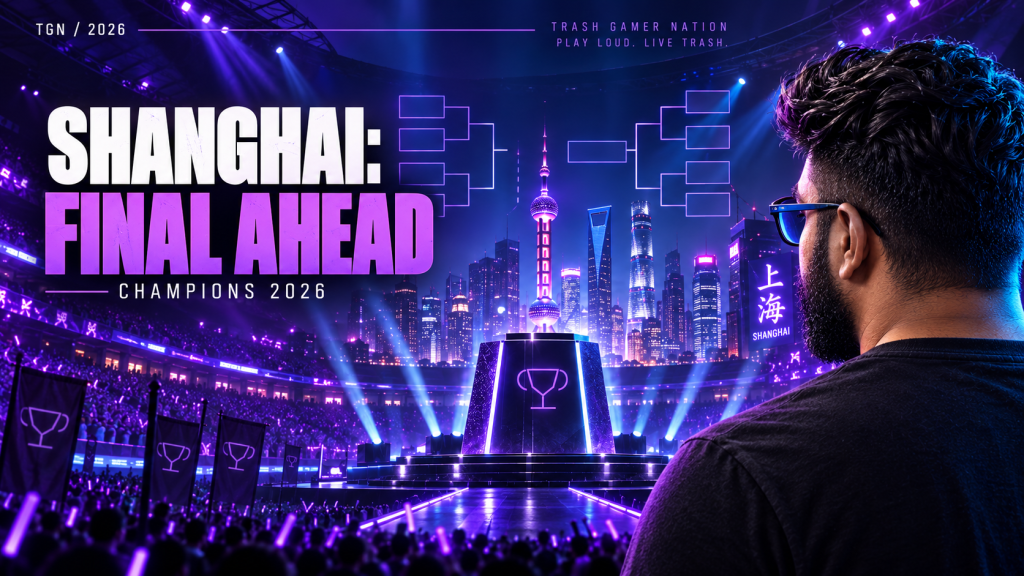 TGN host looks toward a Shanghai esports arena and an unfinished tournament bracket ahead of the Champions 2026 final.