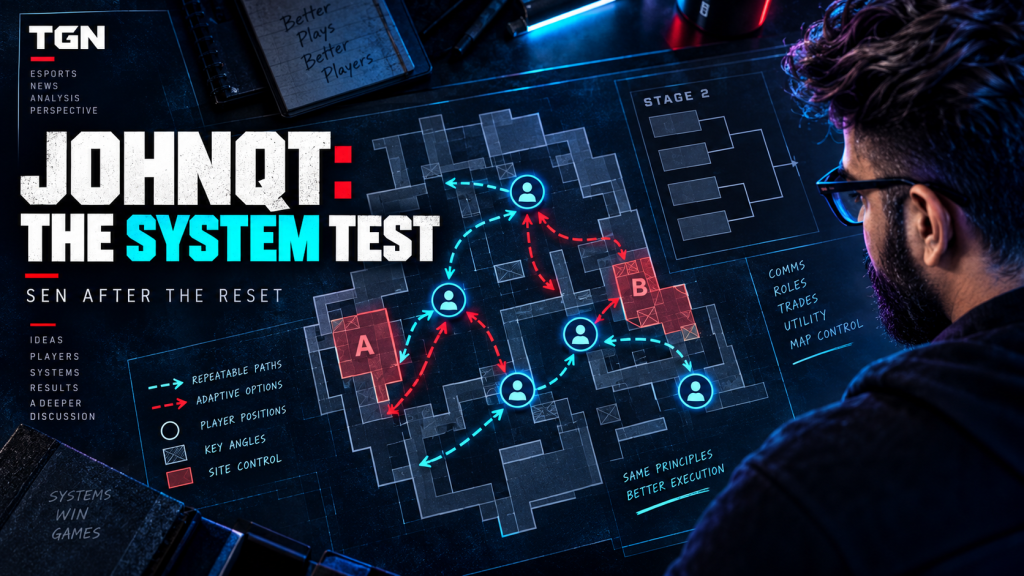TGN host studies a five-player tactical playbook illustrating JohnQT's system test after the Sentinels reset.