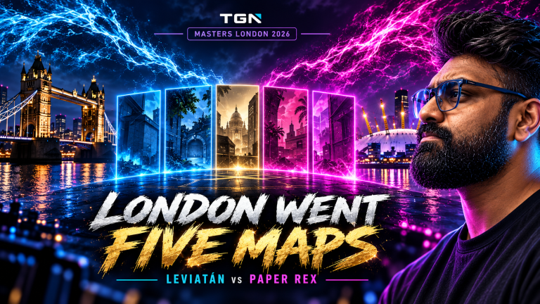 TGN host studies five illuminated map panels between blue and magenta energy over the London riverfront for Leviatán versus Paper Rex.