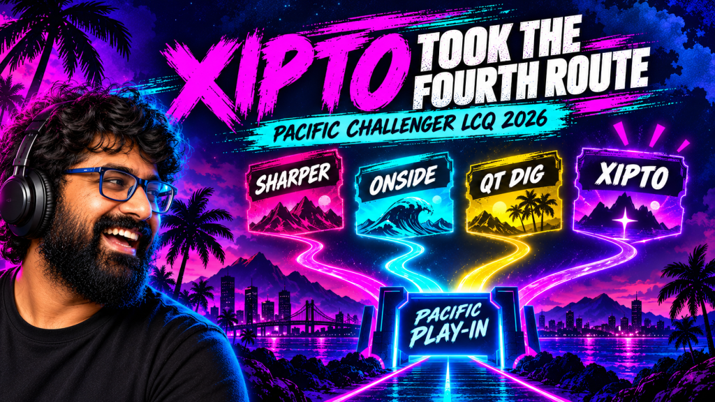 TGN host smiles beside four Pacific play-in tickets, with Xipto highlighted as the fourth route alongside Sharper, ONSIDE and QT DIG.
