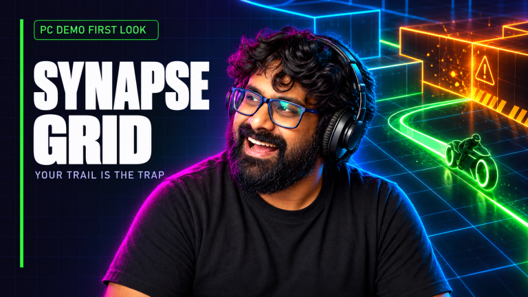 TGN host beside a bike leaving a hazardous neon trail, illustrating the arena tactic in Synapse Grid.