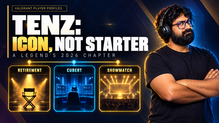 TGN host beside an illustrated three-chapter timeline of TenZ's retirement, Cubert appearance and 2026 showmatch.