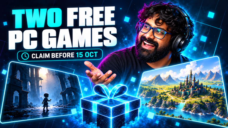 TGN host reacts to two free PC games represented by a moody puzzle scene and a bright landscape strategy scene beside a glowing gift box.