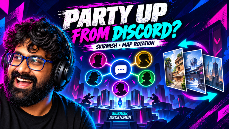 TGN host smiles beside a linked five-person party hub, Skirmish Ascension-inspired arena and rotating map cards.