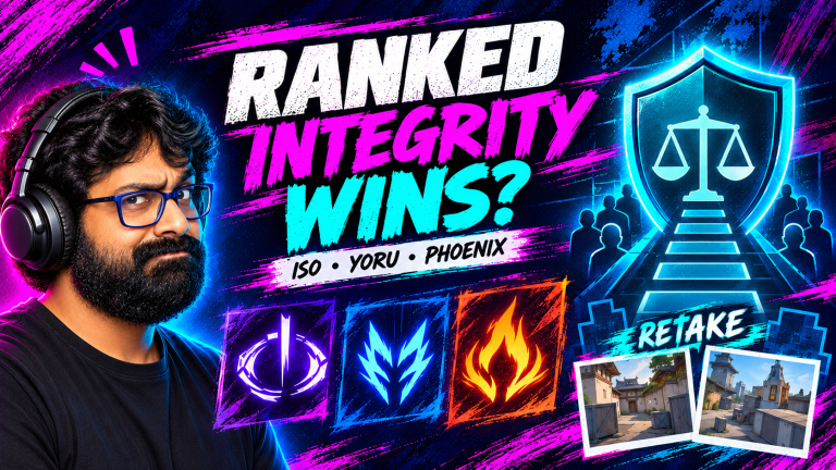 TGN host beside abstract Iso, Yoru and Phoenix ability icons, a ranked-integrity shield and Retake map cards.