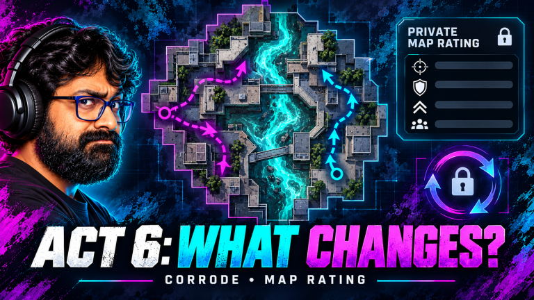 TGN host beside an abstract tactical map, route arrows and a private map-rating panel for VALORANT Act 6.