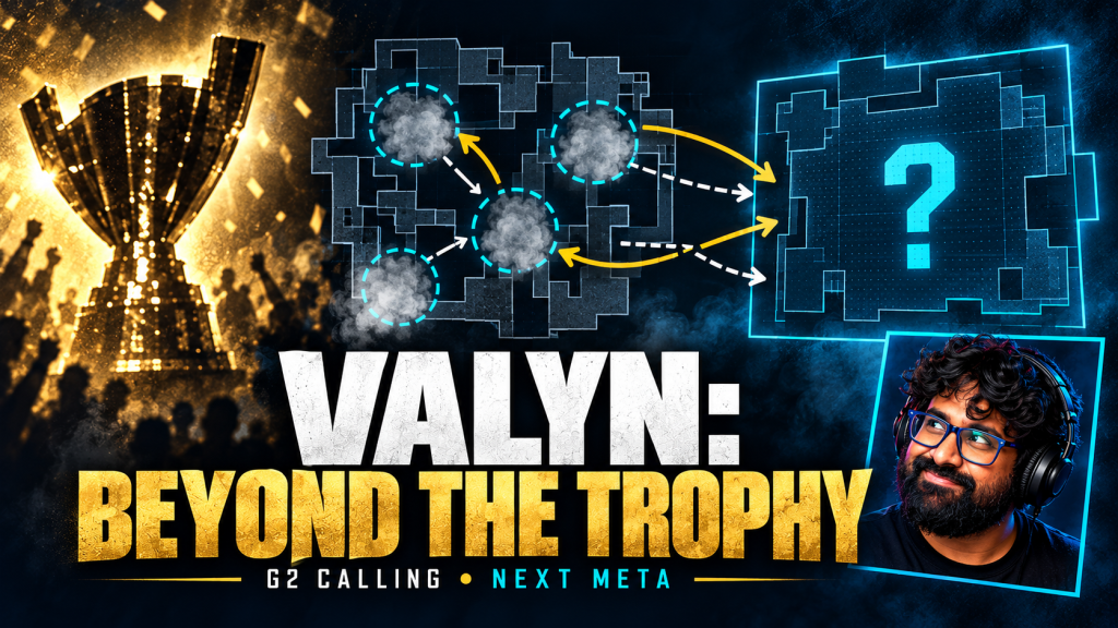 TGN host appears as an analyst beside a trophy silhouette, smoke-lane strategy map and an unknown next-meta panel for valyn.