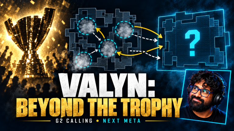 TGN host appears as an analyst beside a trophy silhouette, smoke-lane strategy map and an unknown next-meta panel for valyn.