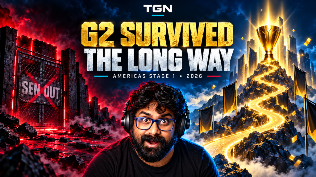 TGN host reacts to G2's long winding route to an Americas Stage 1 trophy, with a separate SEN-out gate at left.