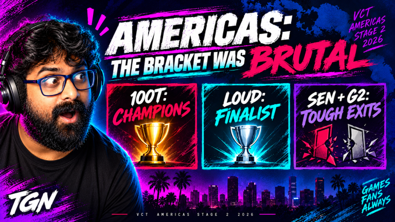 TGN host reacts to separate Americas Stage 2 cards showing 100 Thieves as champions, LOUD as finalist, and tough SEN and G2 exits.