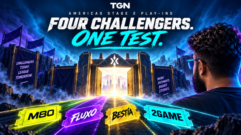 Four Challenger team tickets labeled M80, Fluxo, BESTIA and 2GAME lead toward an Americas play-ins gate as the TGN host watches.