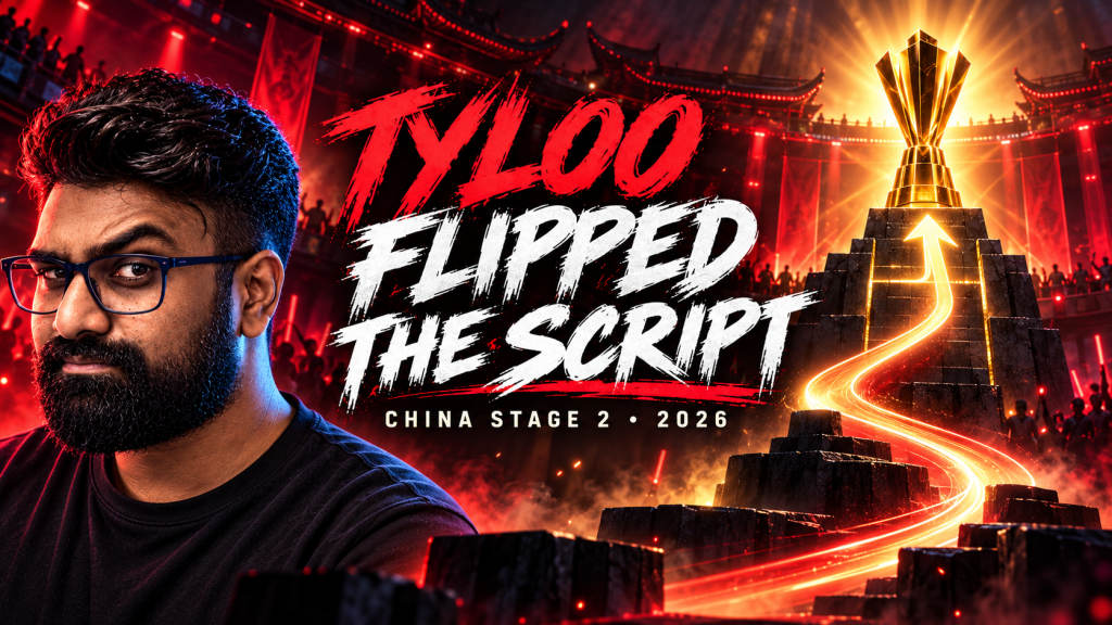 TGN host beside a red and gold China Stage 2 arena with a glowing ascent to a trophy, illustrating TYLOO's turnaround.