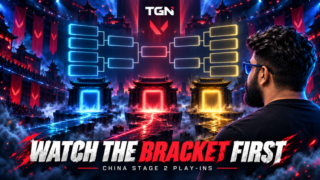 TGN host studies an empty China Stage 2 play-ins bracket above three symbolic gateways, without team placements or results.