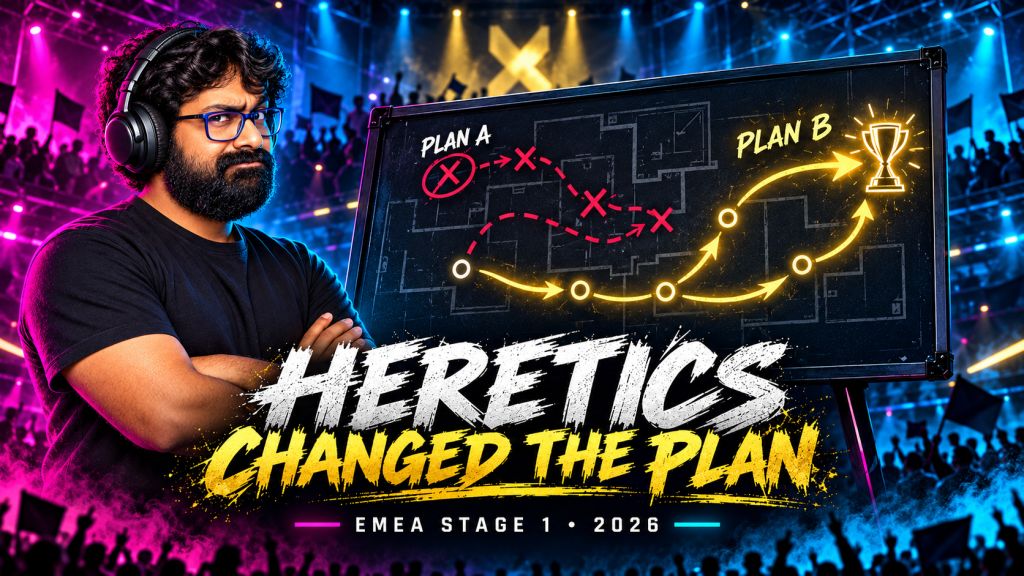 TGN host folds his arms beside an abstract Plan A versus Plan B tactical board for Team Heretics' EMEA Stage 1 title.