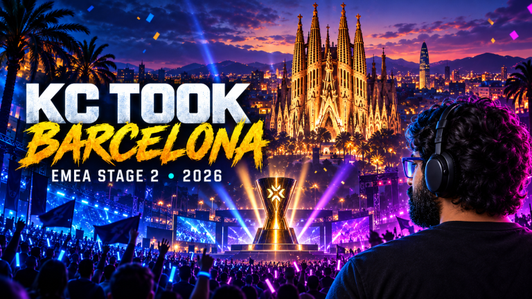 TGN host watches a Barcelona esports arena and Stage 2 trophy against the city skyline after Karmine Corp's EMEA title.