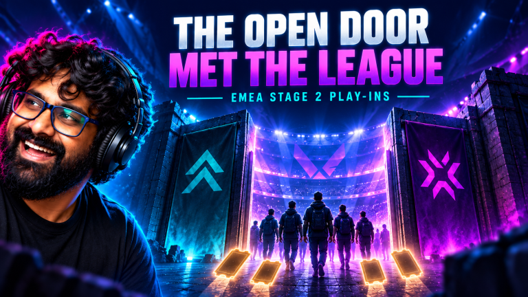 TGN host laughs beside an open Challengers gate leading into an illuminated EMEA Stage 2 play-ins arena.