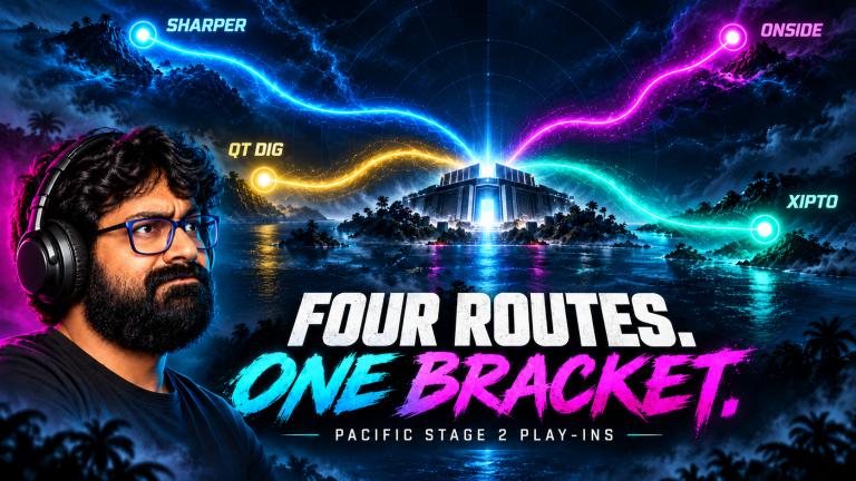Four labeled Challenger routes from Sharper, ONSIDE, QT DIG and Xipto converge on a Pacific play-ins arena as the TGN host studies them.