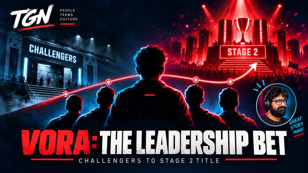 Anonymous team and captain silhouettes trace a journey from Challengers to the Americas Stage 2 trophy, with the TGN host in an analyst inset.