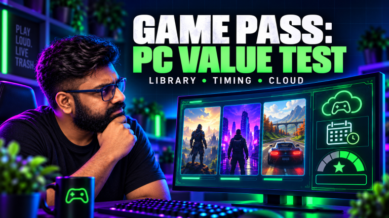 TGN host studies a PC game library monitor with cloud, calendar and value symbols for the Game Pass Ultimate value test.